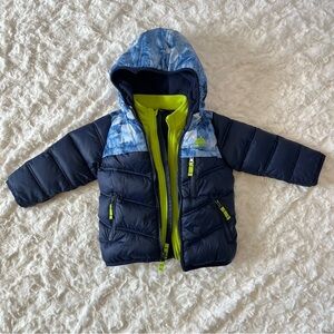 Snozu Toddler Puffer Jacket fleece lined Navy Blue/green Hooded Winter Coat 3T